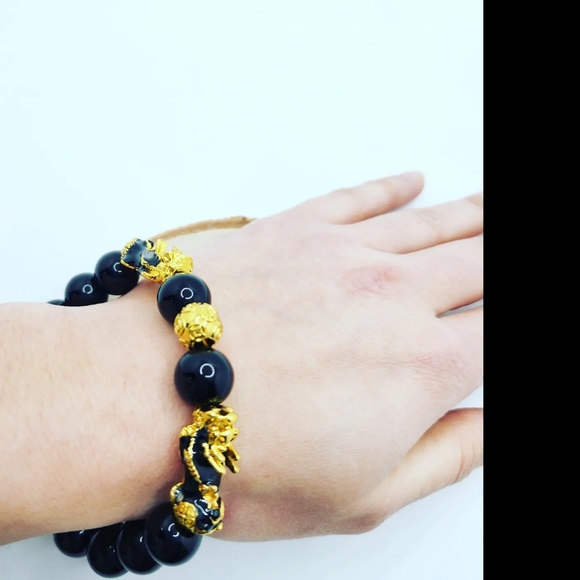 Black Obsidian Double Pixiu Unisex bracelet 12 mm - Picture 3 of 5